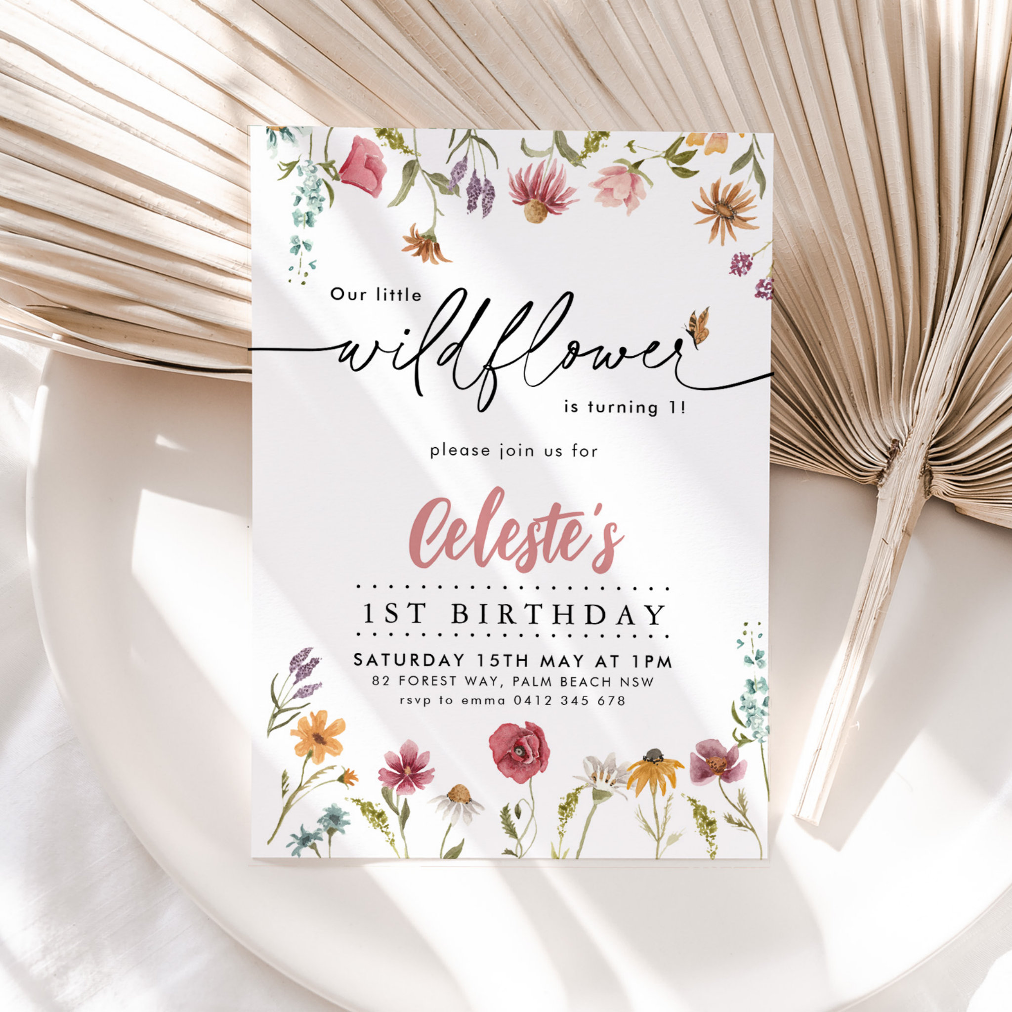 Wildflower Girls 1st Birthday Party Pretty Floral Invitation