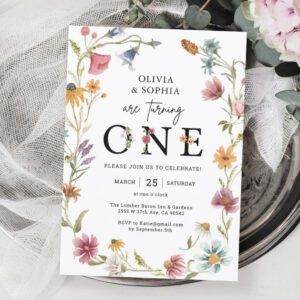 Wildflower Theme 1st Twins Birthday Party Invitation