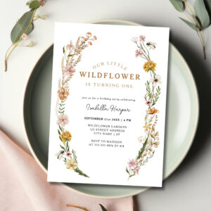 Wildflower Theme Girl 1st Birthday Invitation