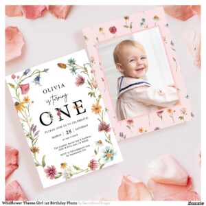 Wildflower Theme Girl 1st Birthday Photo Invitation