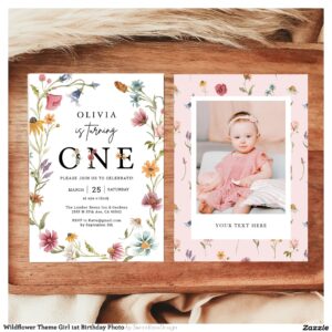 Wildflower Theme Girl 1st Birthday Photo Invitation