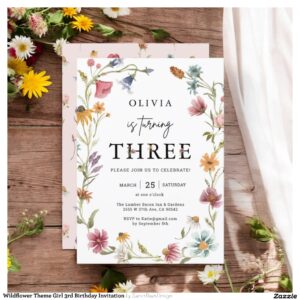 Wildflower Theme Girl 3rd Birthday Invitation