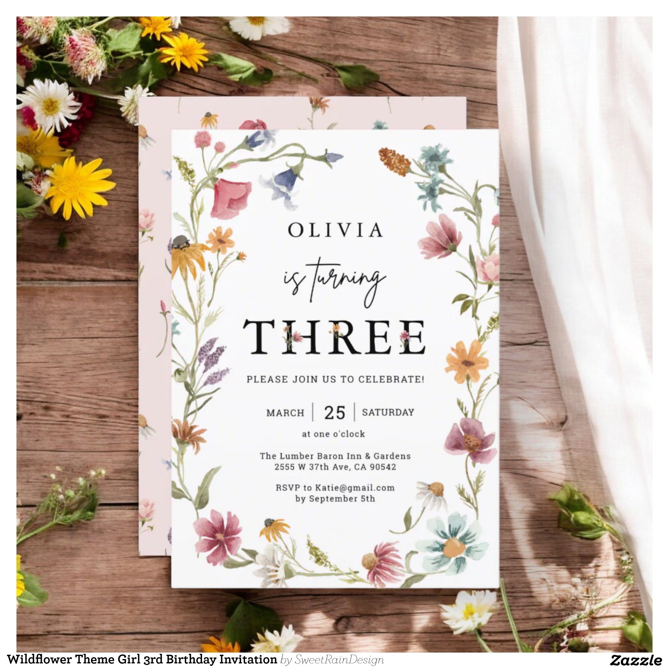 Wildflower Theme Girl 3rd Birthday Invitation