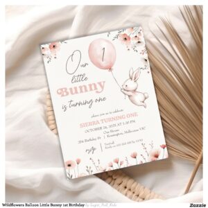Wildflowers Balloon Little Bunny 1st Birthday Invitation