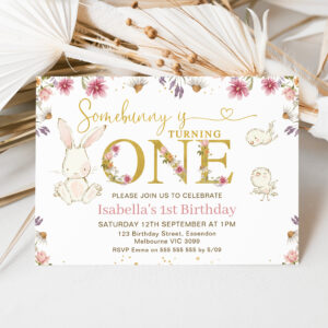 Wildflowers Girls Some Bunny 1st Birthday Invitation