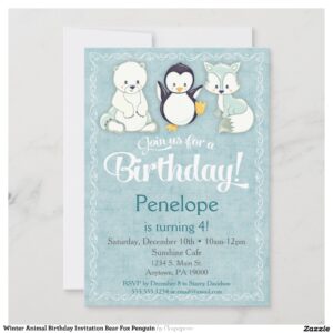 Winter Animal Birthday Invitation Bear Fox Penguin