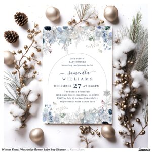 Winter Floral Watrcolor flower Baby Boy Shower Invitation