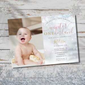 Winter ONEderland 1st Birthday Photo Pink and Gold Invitation
