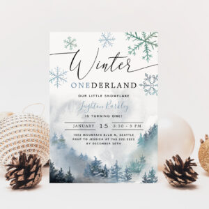 Winter ONEderland Boy 1st Birthday Mountain Invitation