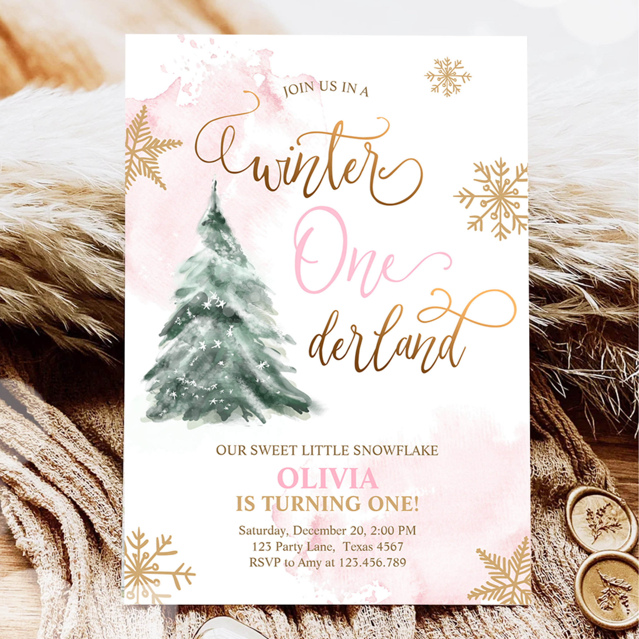 Winter Onederland Girl Pink Gold 1st Birthday Invi Invitation