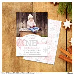 Winter ONEderland Pink Silver Glitter 1st Birthday Invitation