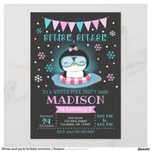 Winter pool party birthday invitation / Penguin