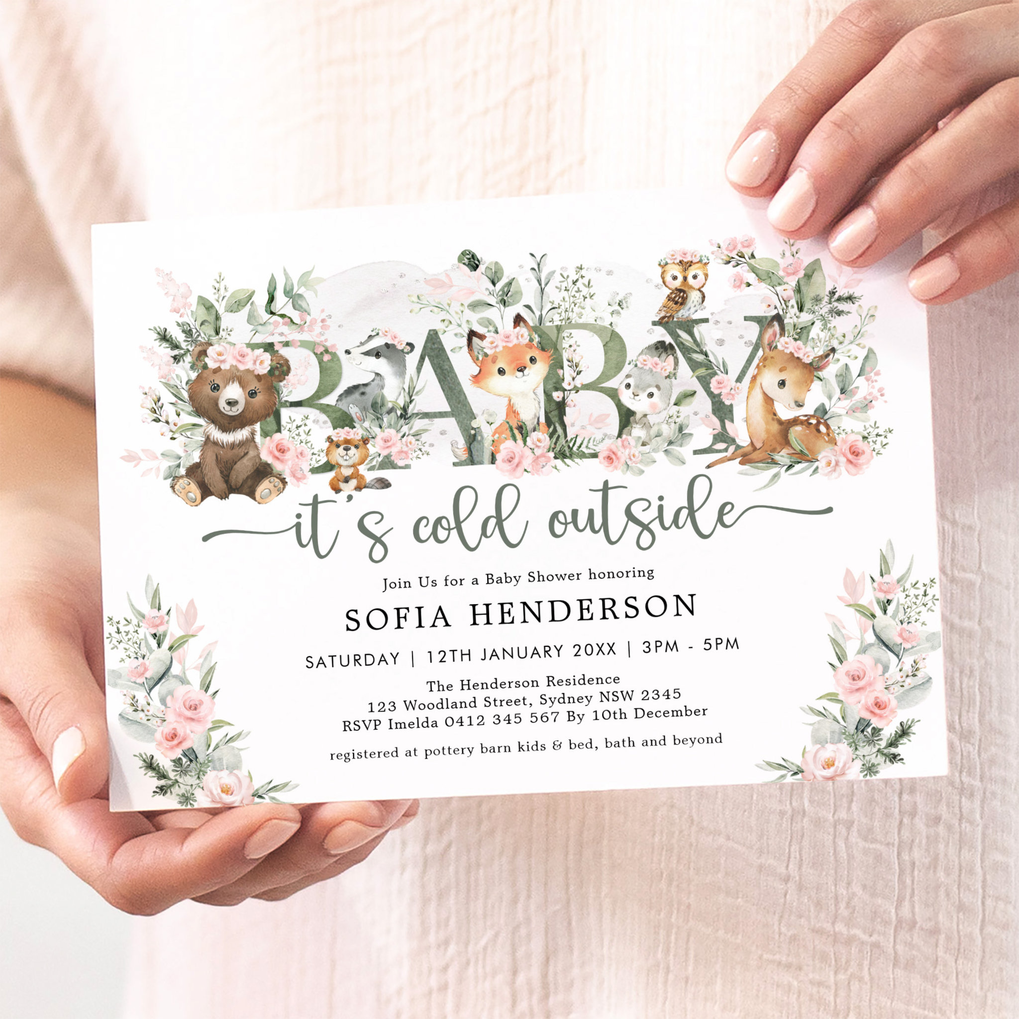 Winter Roses Woodland Animals Girl Baby Shower Invitation