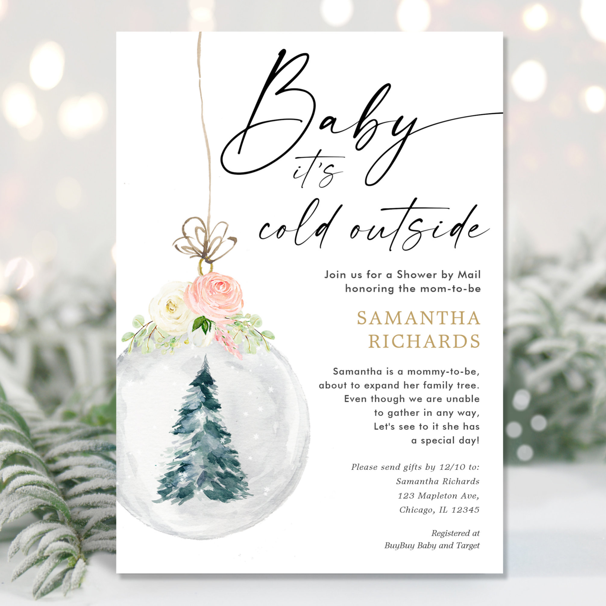 Winter Shower by Mail pink gold girl baby shower Invitation