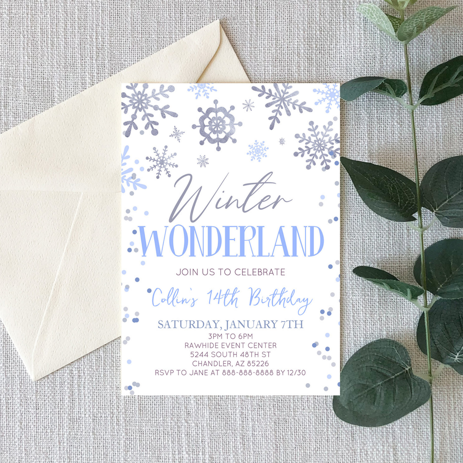 Winter Wonderland Blue Snowflake Birthday Party Invitation