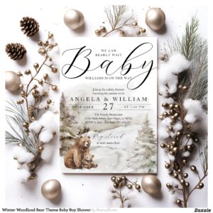 Winter Woodland Bear Theme Baby Boy Shower Invitation