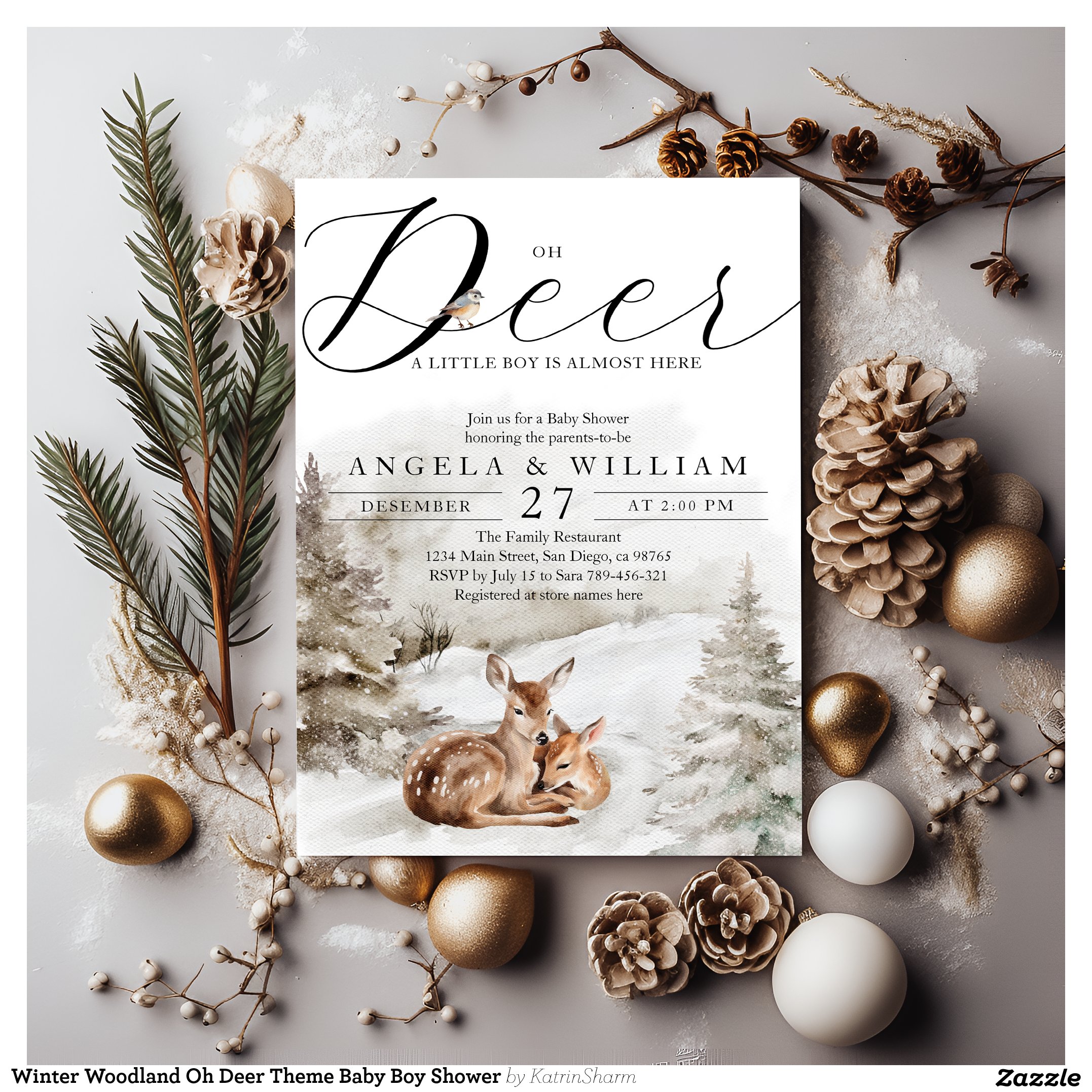 Winter Woodland Oh Deer Theme Baby Boy Shower Invitation