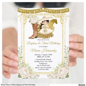 Wood Charro White Baptism & Third Birthday Invitation