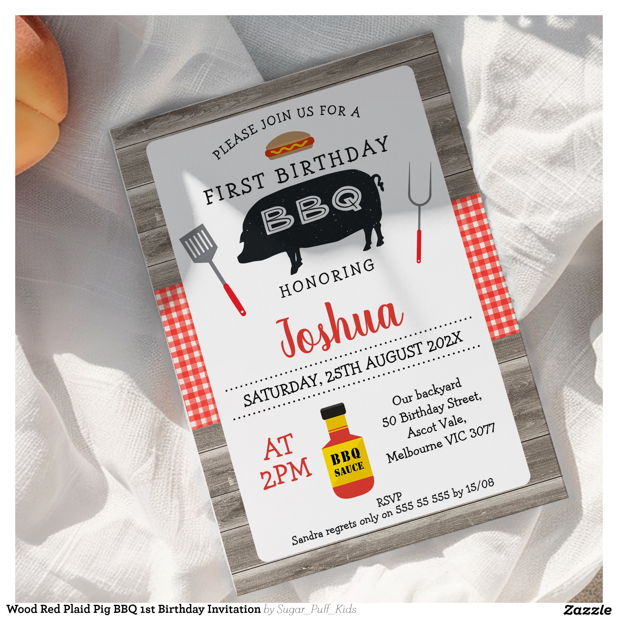 Wood Red Plaid Pig BBQ 1st Birthday Invitation