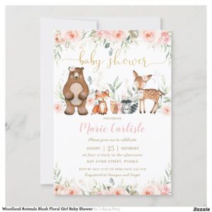 Woodland Animals Blush Floral Girl Baby Shower Invitation