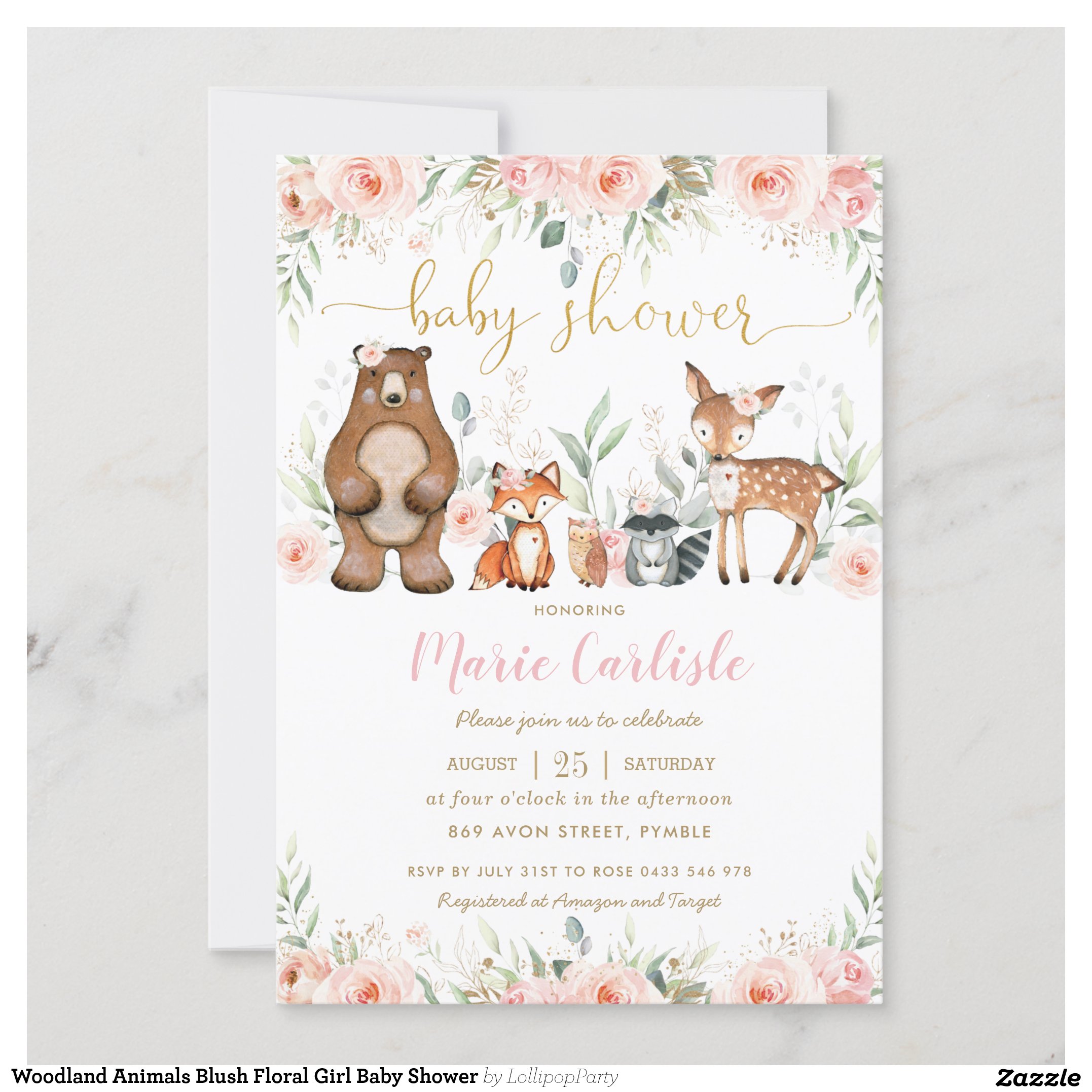 Woodland Animals Blush Floral Girl Baby Shower Invitation