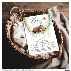 Woodland Animals Forest Greenery Baby Boy Shower Invitation