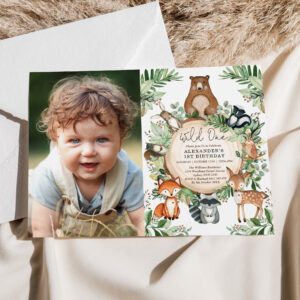 Woodland Animals Greenery Wild One 1st Birthday Invitation