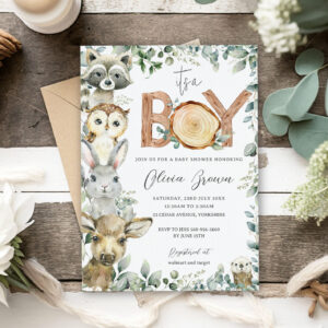 Woodland Animals Greenery Wood Boy Baby Shower Invitation
