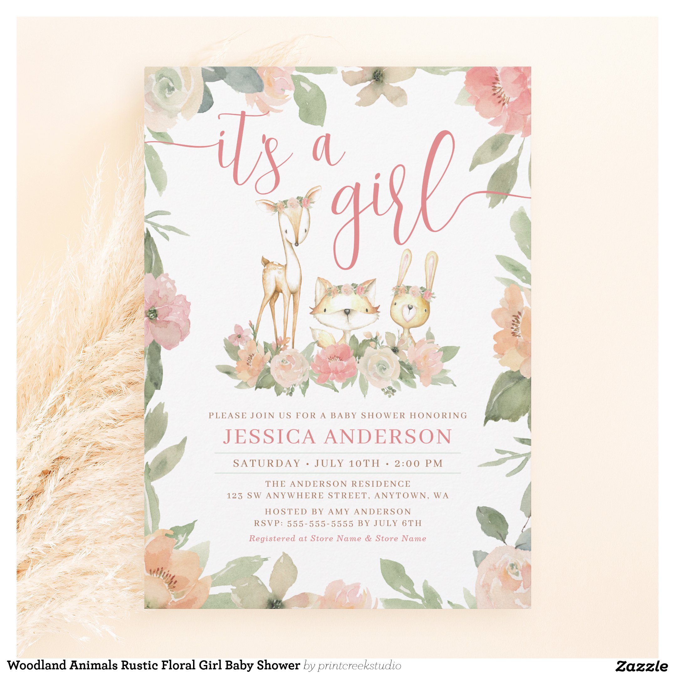 Woodland Animals Rustic Floral Girl Baby Shower Invitation
