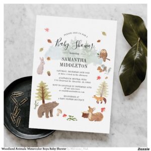 Woodland Animals Watercolor Boys Baby Shower Invitation