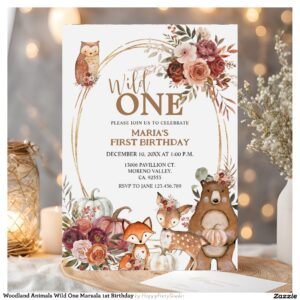 Woodland Animals Wild One Marsala 1st Birthday Invitation