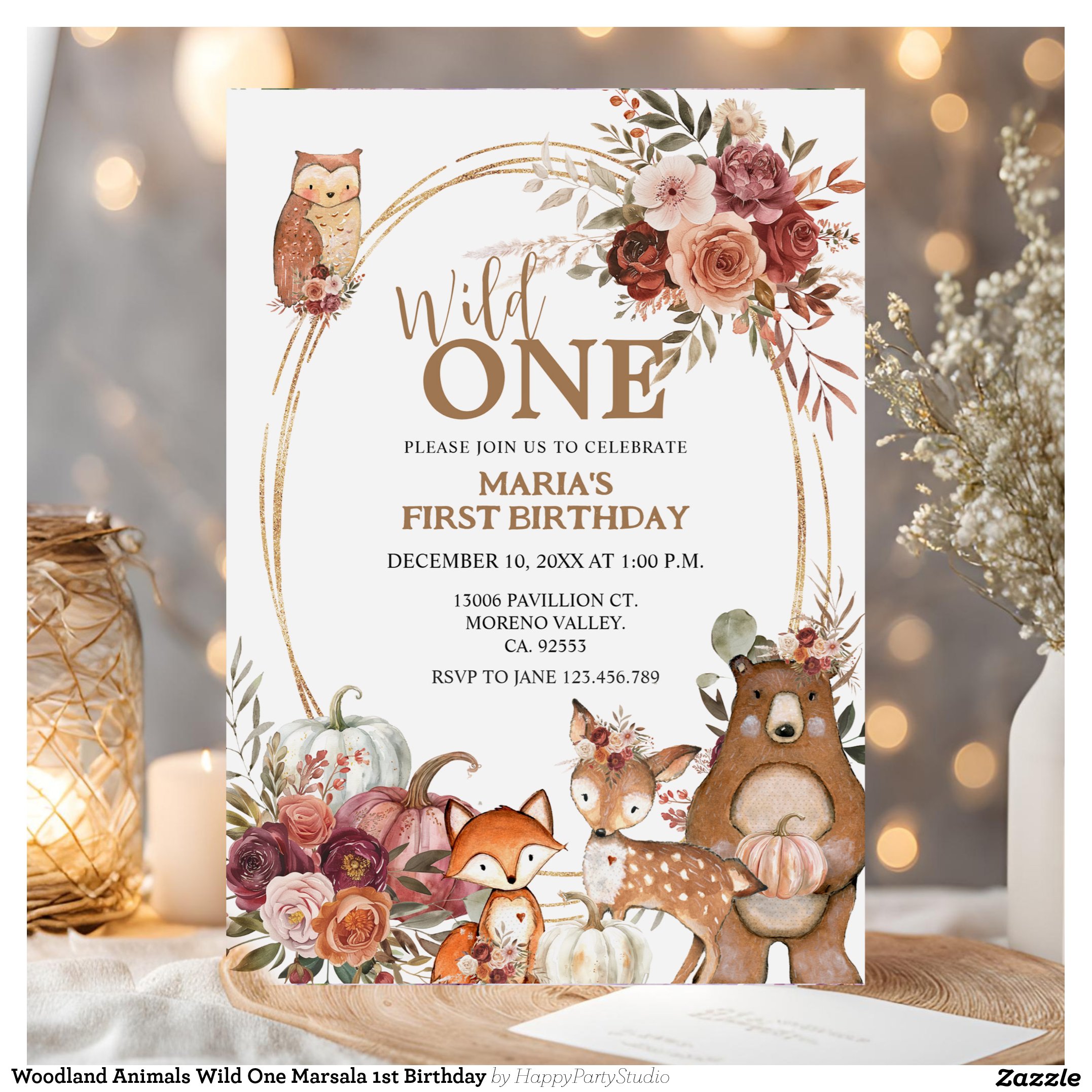 Woodland Animals Wild One Marsala 1st Birthday Invitation