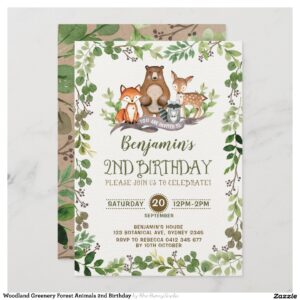 Woodland Greenery Forest Animals 2nd Birthday Invitation