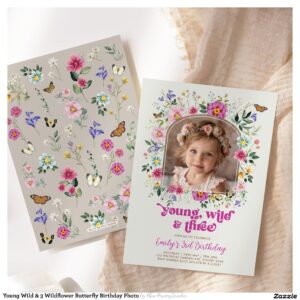 Young Wild & 3 Wildflower Butterfly Birthday Photo Invitation
