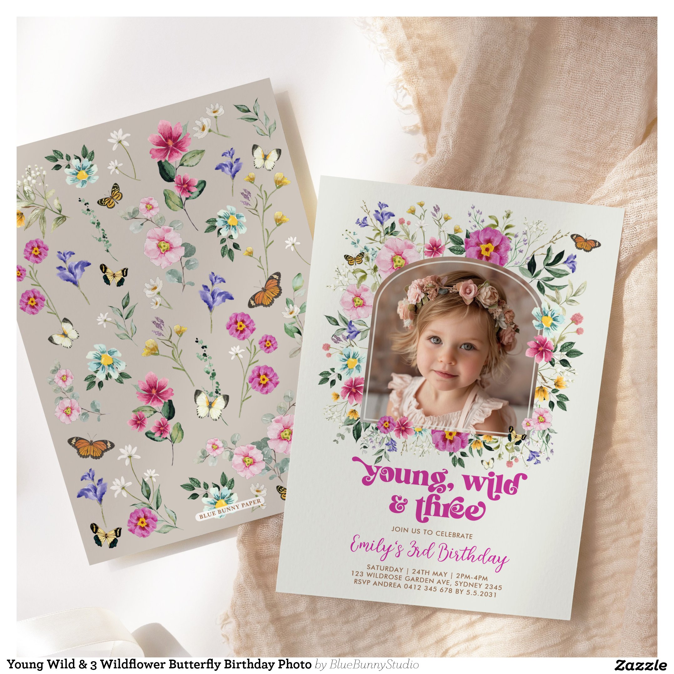 Young Wild & 3 Wildflower Butterfly Birthday Photo Invitation