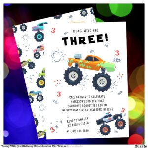 Young Wild 3rd Birthday Kids Monster Car Trucks Invitation