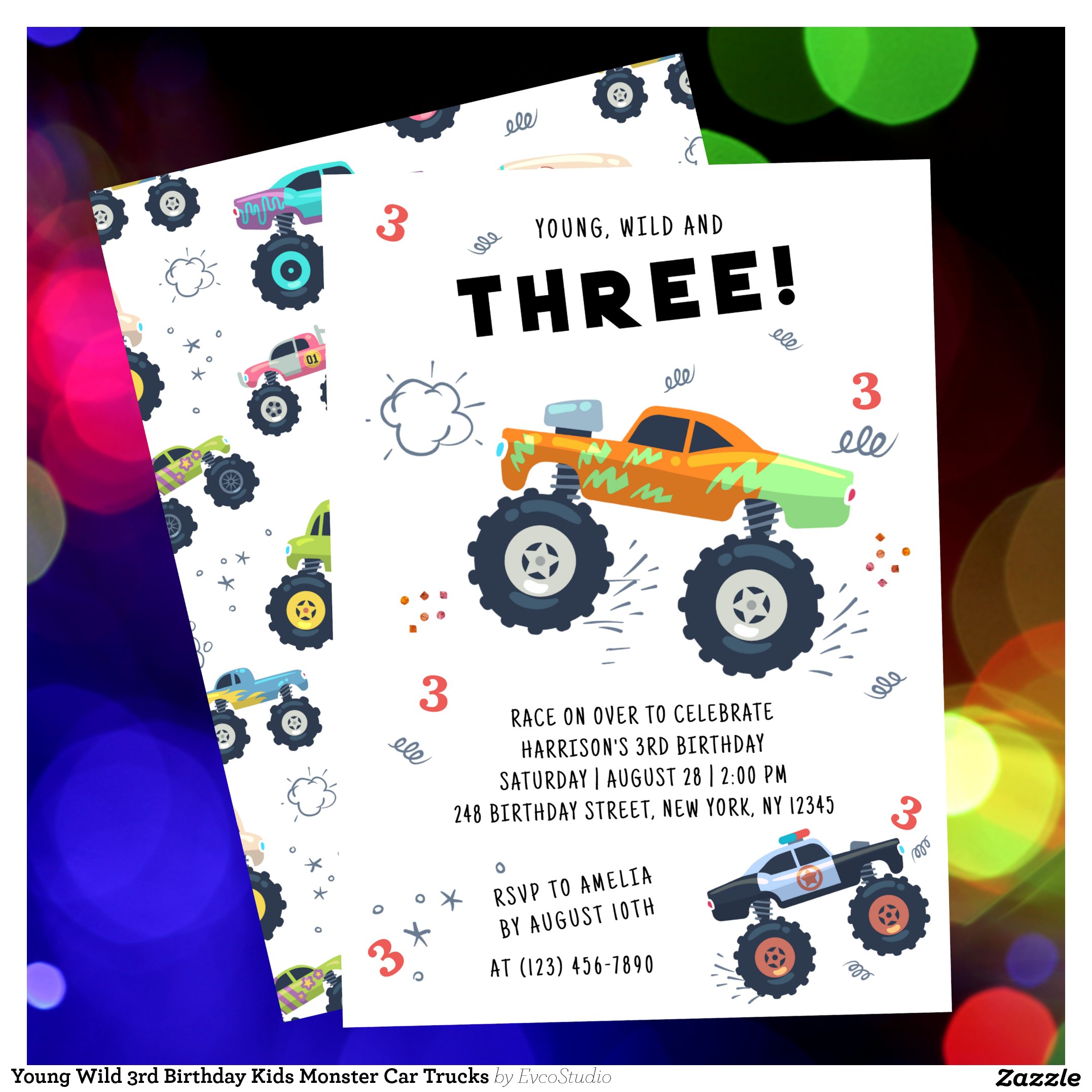 Young Wild 3rd Birthday Kids Monster Car Trucks Invitation