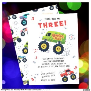 Young Wild 3rd Birthday Kids Monster Car Trucks Invitation