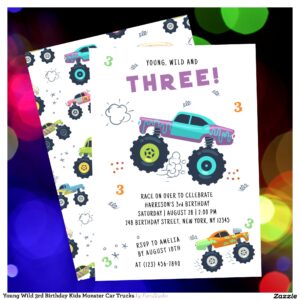 Young Wild 3rd Birthday Kids Monster Car Trucks Invitation
