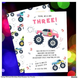 Young Wild 3rd Birthday Kids Monster Car Trucks Invitation