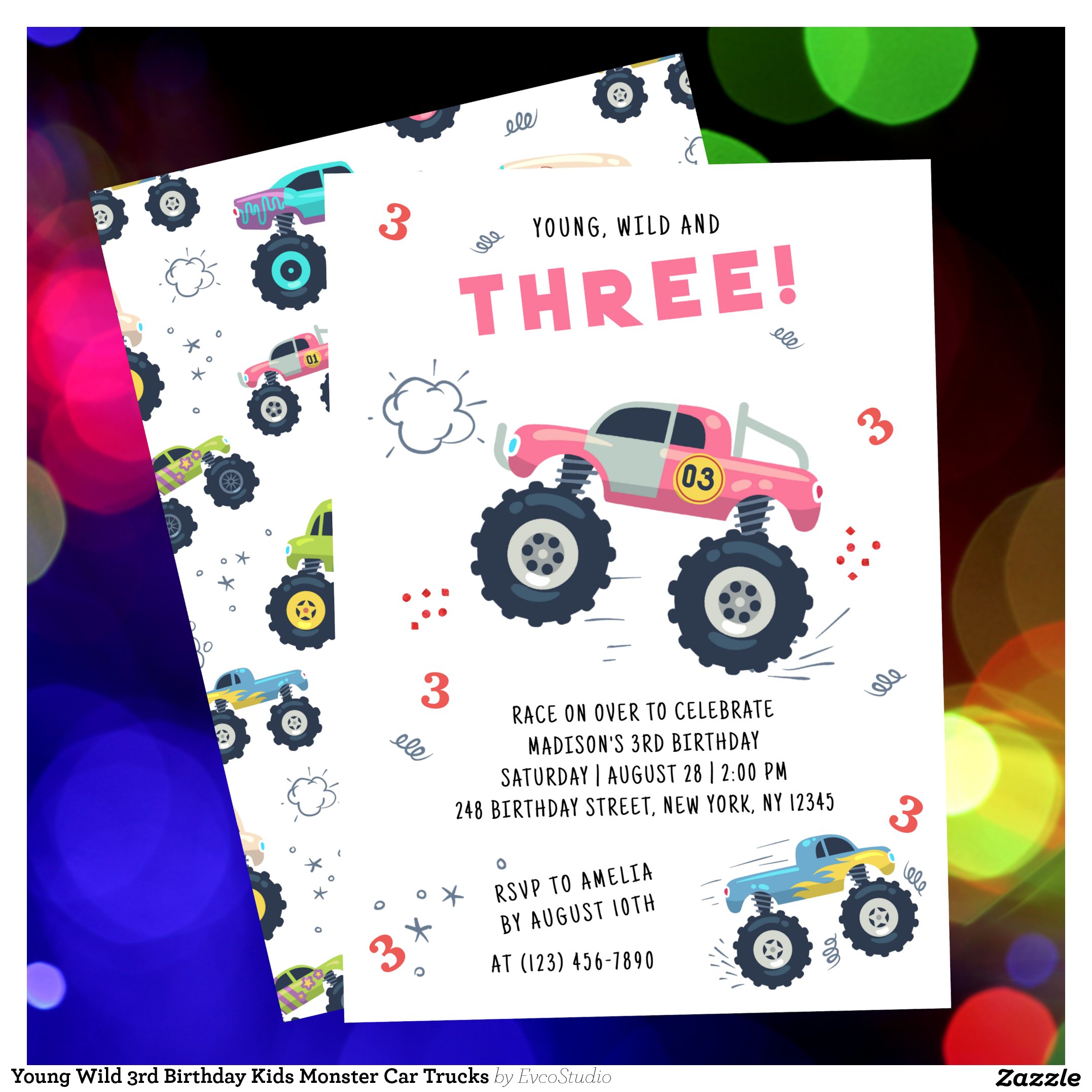 Young Wild 3rd Birthday Kids Monster Car Trucks Invitation