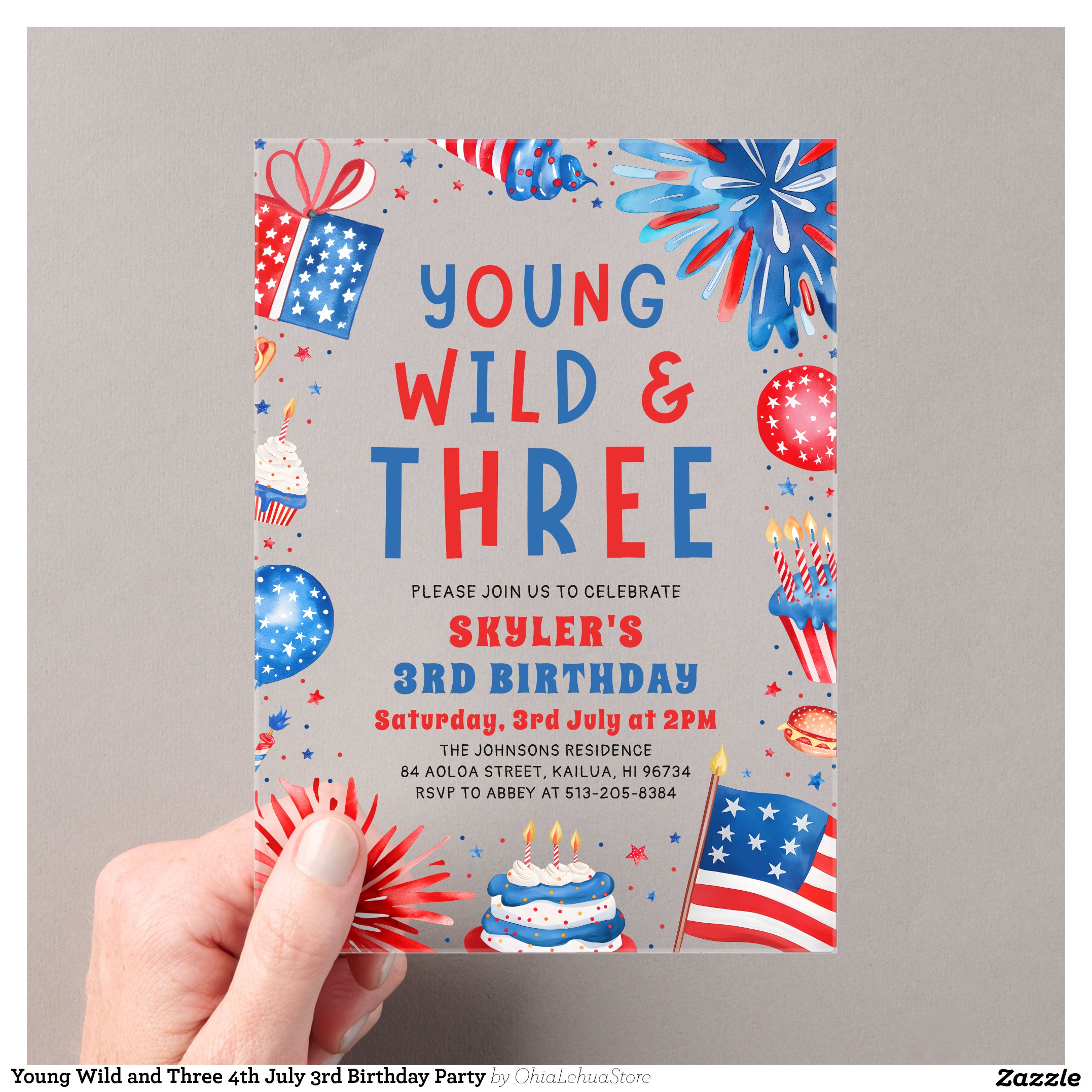Young Wild and Three 4th July 3rd Birthday Party Acrylic Invitations