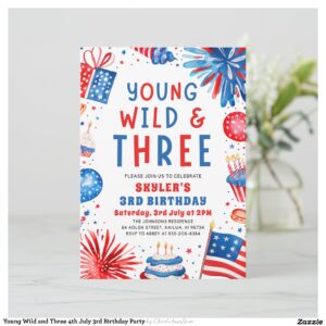 Young Wild and Three 4th July 3rd Birthday Party Invitation