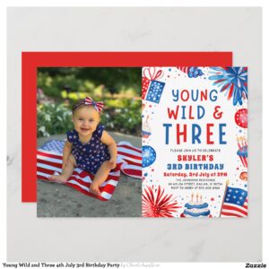 Young Wild and Three 4th July 3rd Birthday Party Invitation