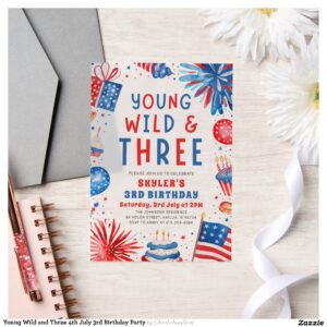 Young Wild and Three 4th July 3rd Birthday Party Vellum Invitations