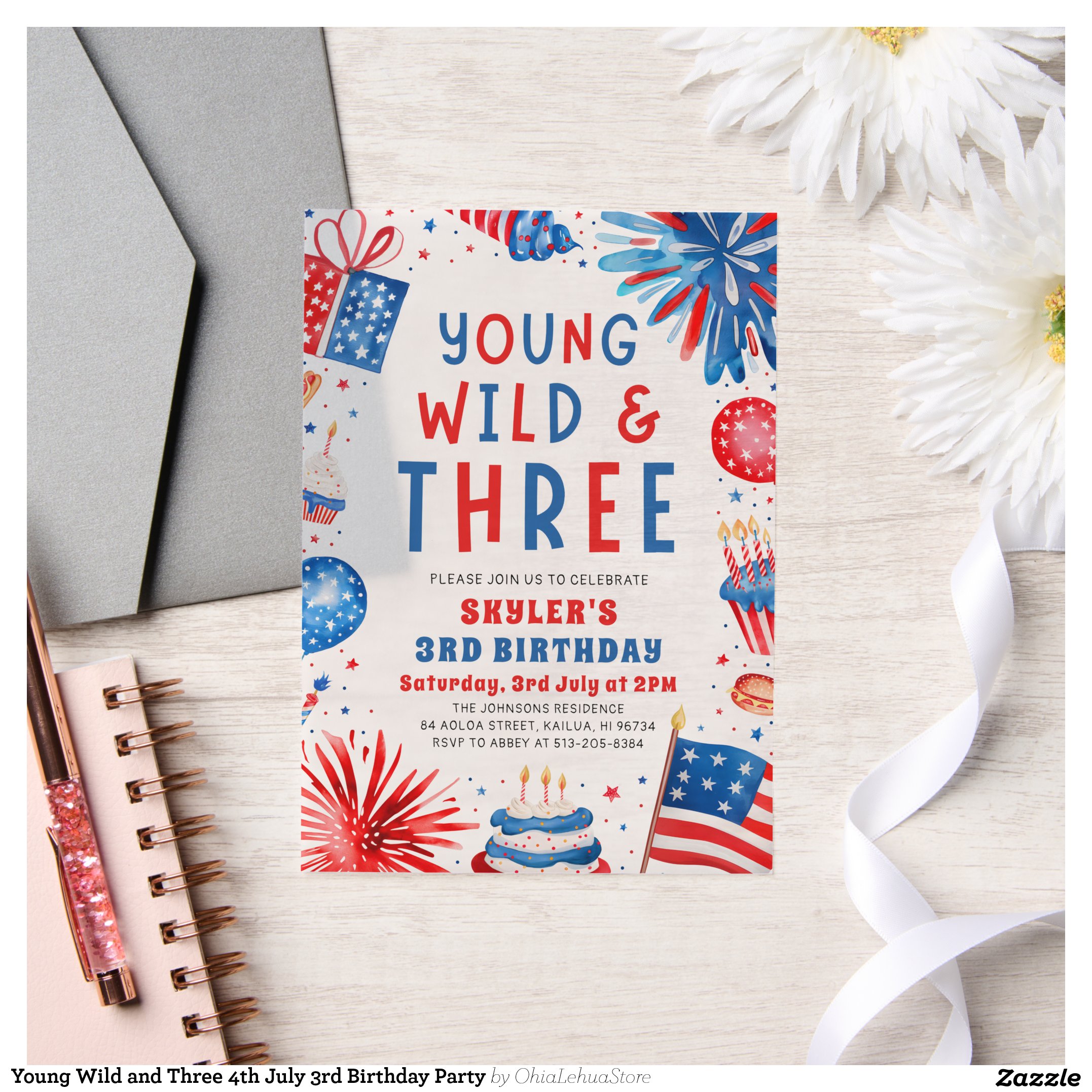 Young Wild and Three 4th July 3rd Birthday Party Vellum Invitations