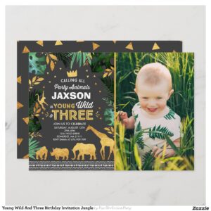 Young Wild And Three Birthday Invitation Jungle