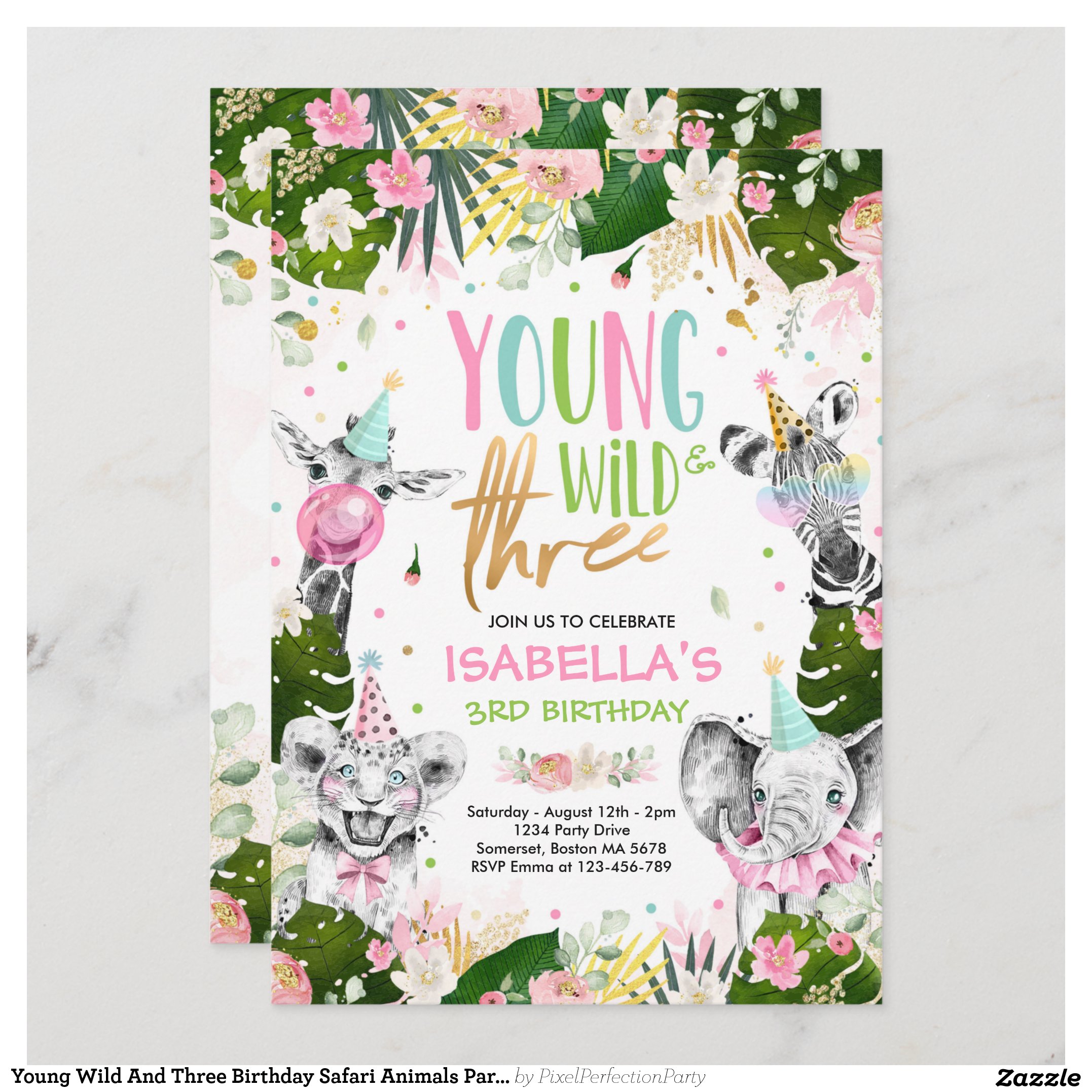 Young Wild And Three Birthday Safari Animals Party Invitation