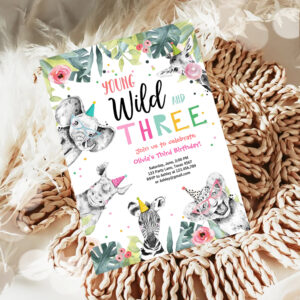 Young Wild and Three Birthday Safari Girl Animals Invitation