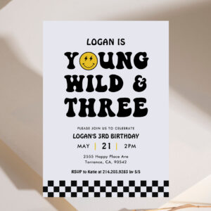 Young Wild and Three Boy 3rd Birthday Party Invitation